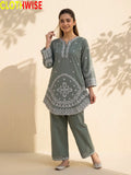 Aarzo embroidered lawn suit slate green front standing view