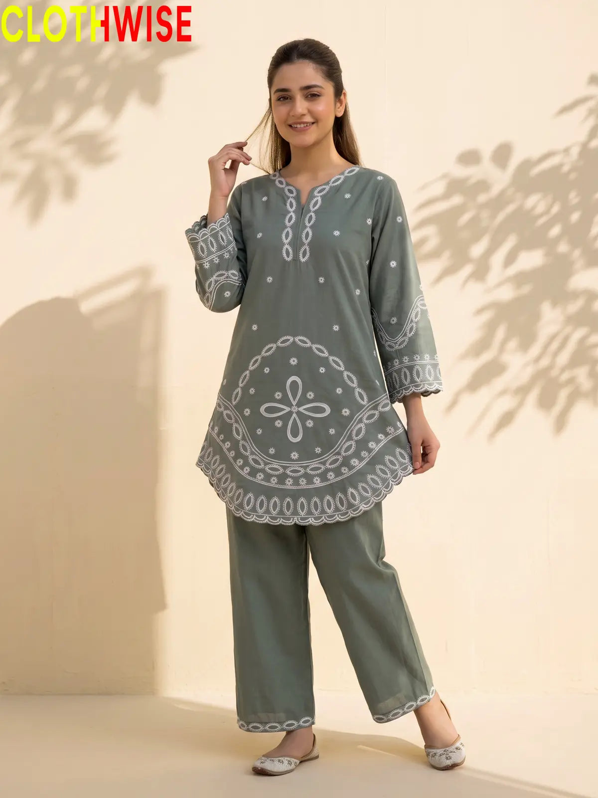 Aarzo embroidered lawn suit slate green front standing view