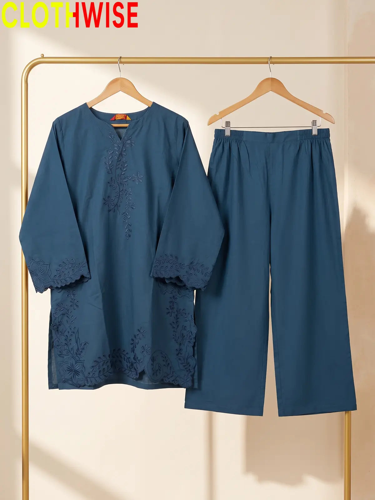 Embroidered Cotton Kurti with Wide Leg Flapper | Scalloped Hem Co-ord Set