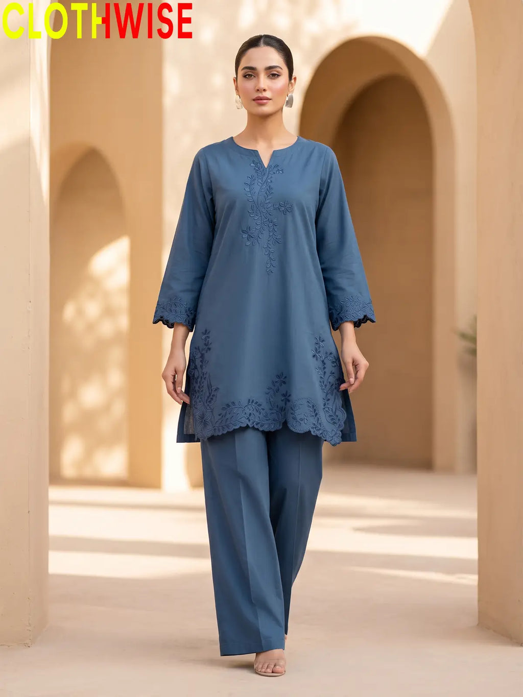 Embroidered Cotton Kurti with Wide Leg Flapper | Scalloped Hem Co-ord Set