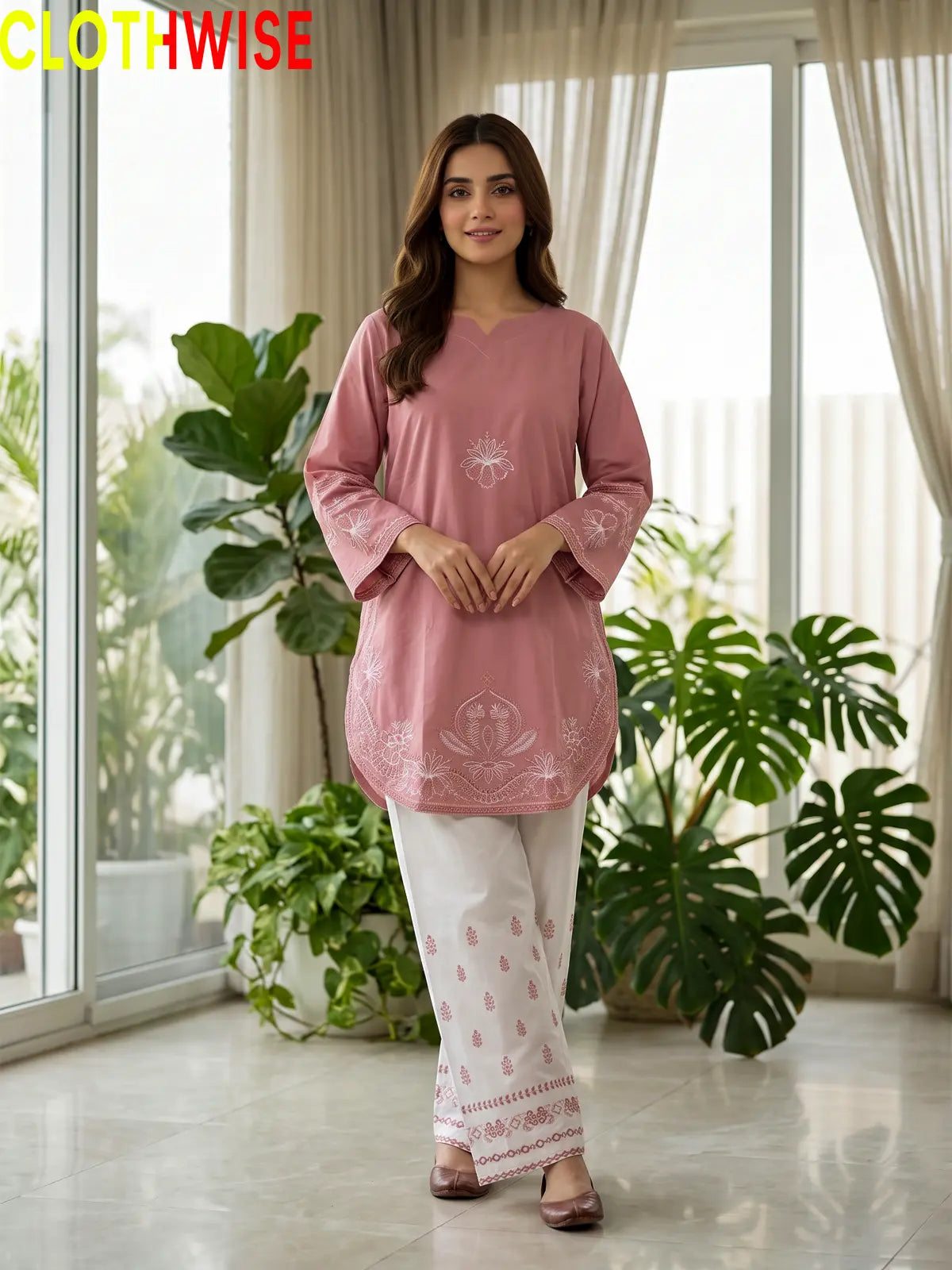 Petal embroidered cotton co-ord set in dusty rose - front standing view