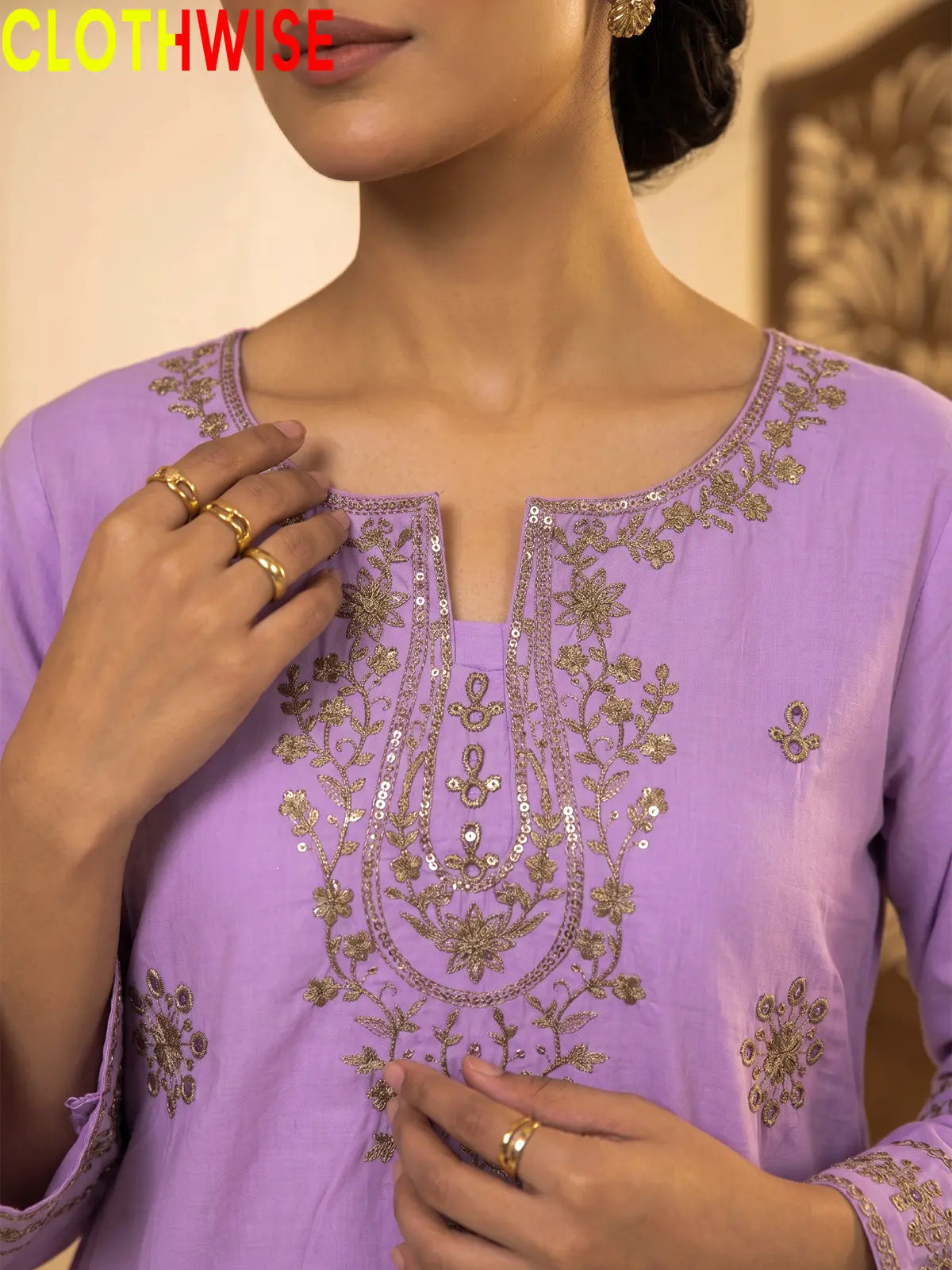 Close up of sequin embroidery on Armaan Soft Lilac lawn suit