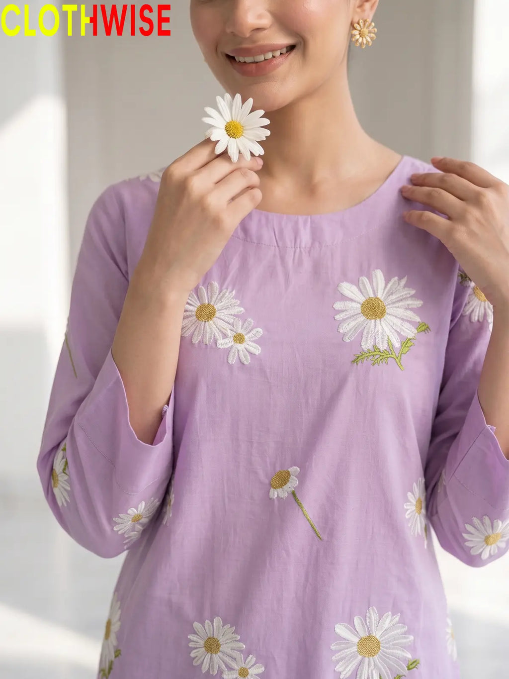Daisy Soft Lilac embroidered cotton suit - close up embroidery detail - CLOTHWISE