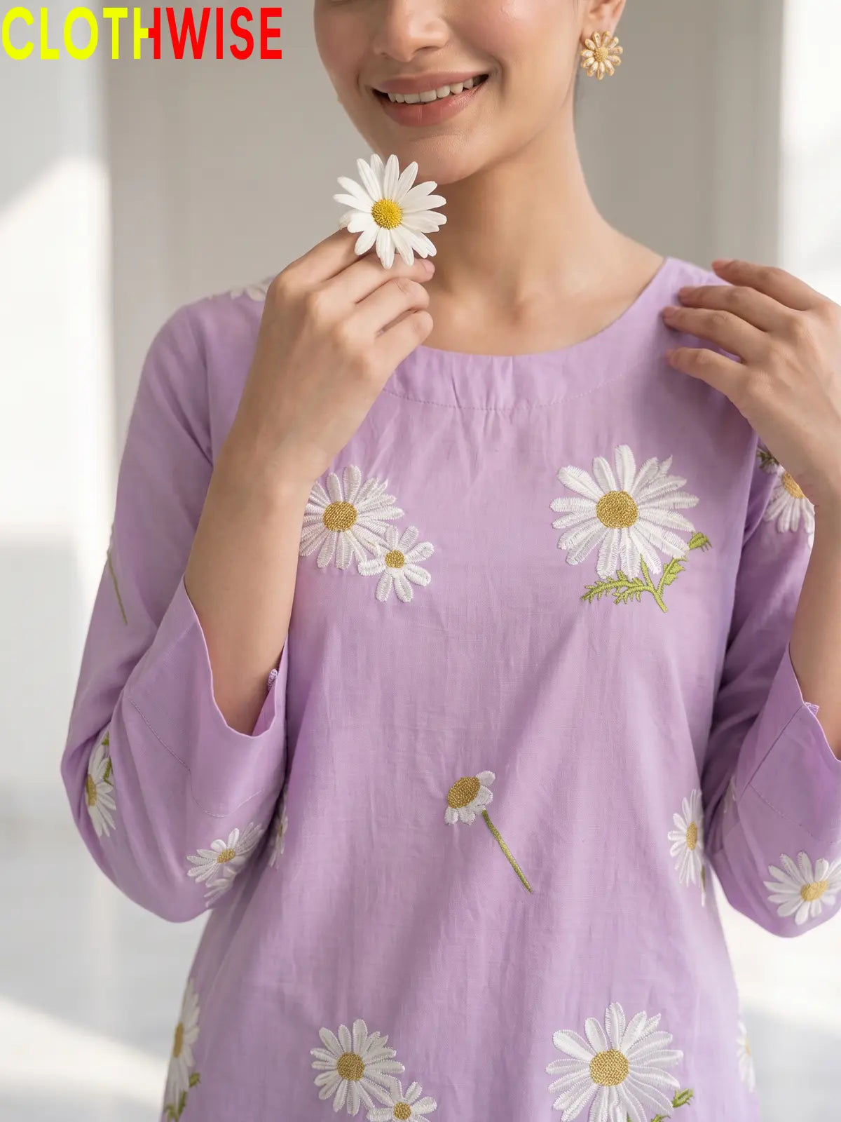 Daisy Soft Lilac embroidered cotton suit - close up embroidery detail - CLOTHWISE