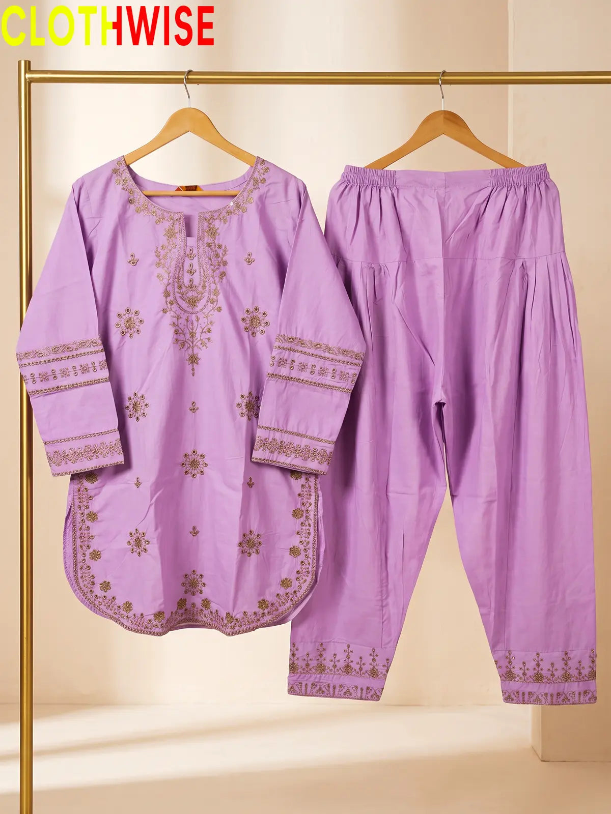 Armaan Soft Lilac embroidered lawn suit displayed on hanger