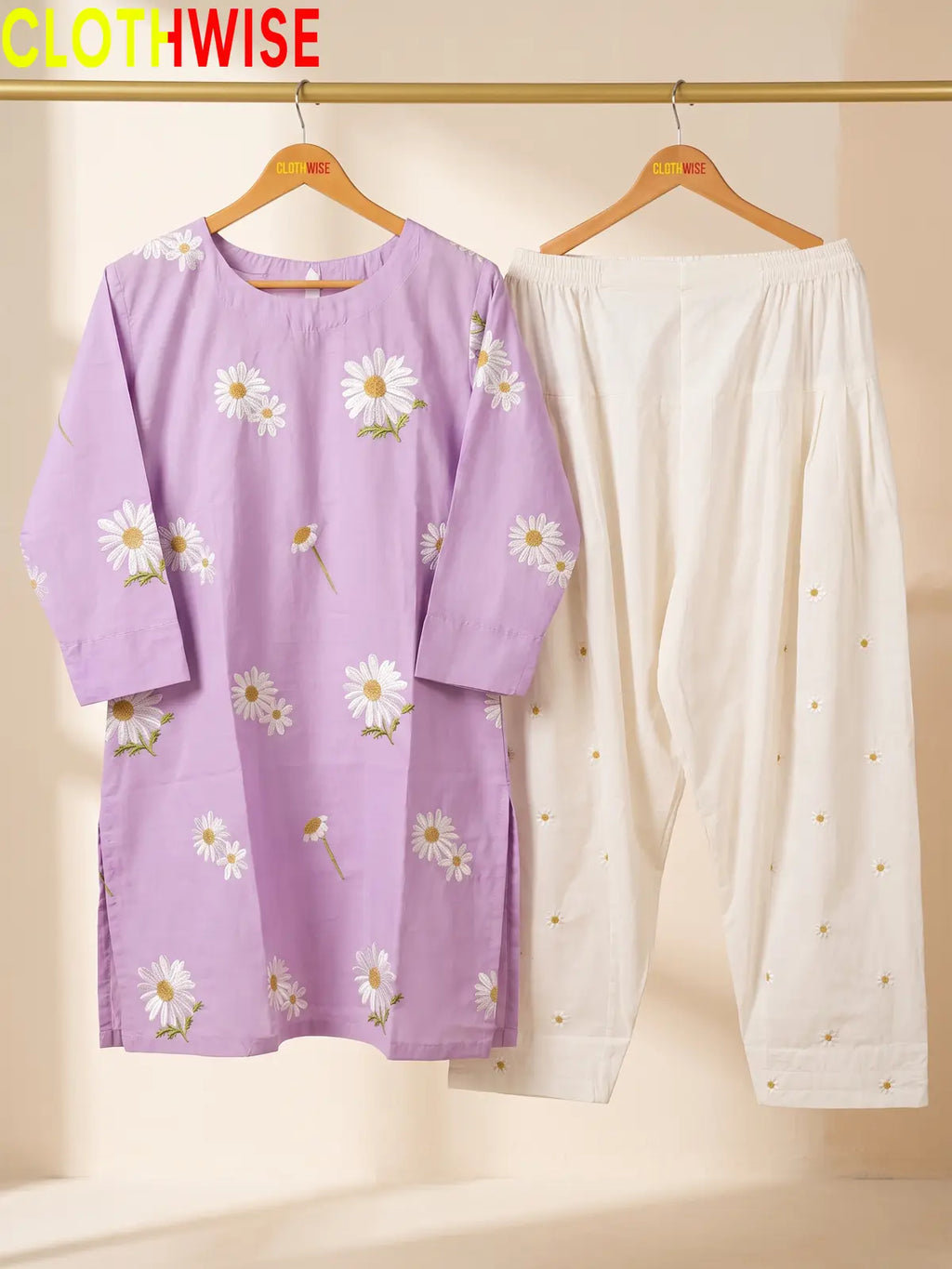 Daisy Soft Lilac embroidered cotton suit - hanger view - CLOTHWISE