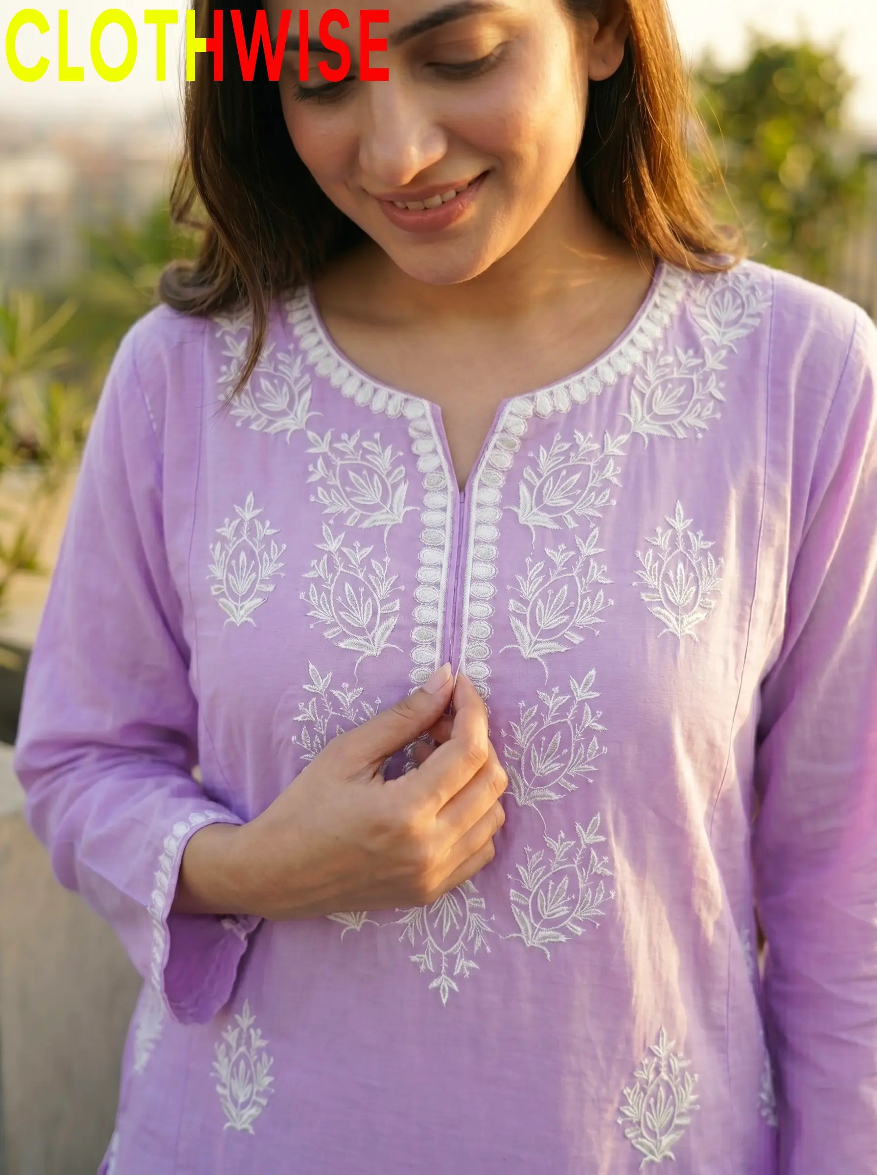 Loom Soft Lilac Purple Embroidered Cotton Suit - Close-up Embroidery Detail | Clothwise