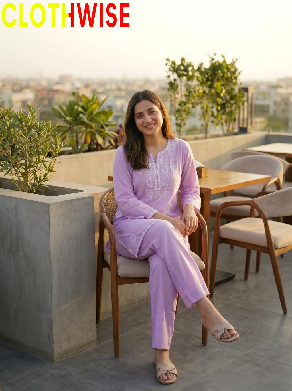 Loom Soft Lilac Purple 2-Piece Embroidered Cotton Suit - Sitting View | Clothwise