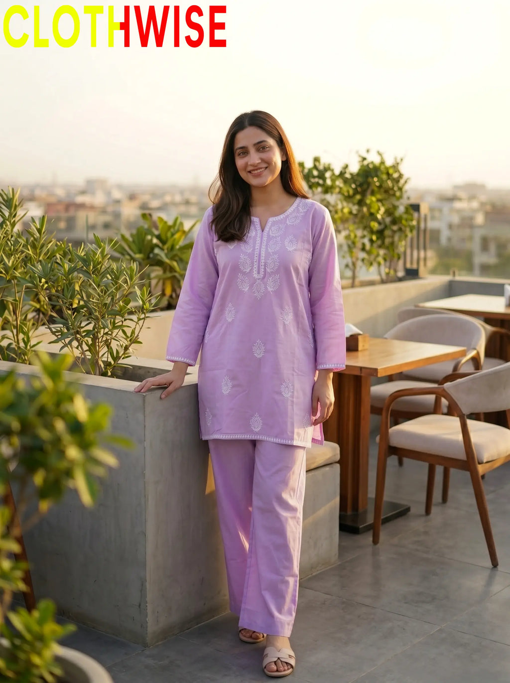 Loom Soft Lilac Purple 2-Piece Embroidered Cotton Suit - Front Standing View | Clothwise