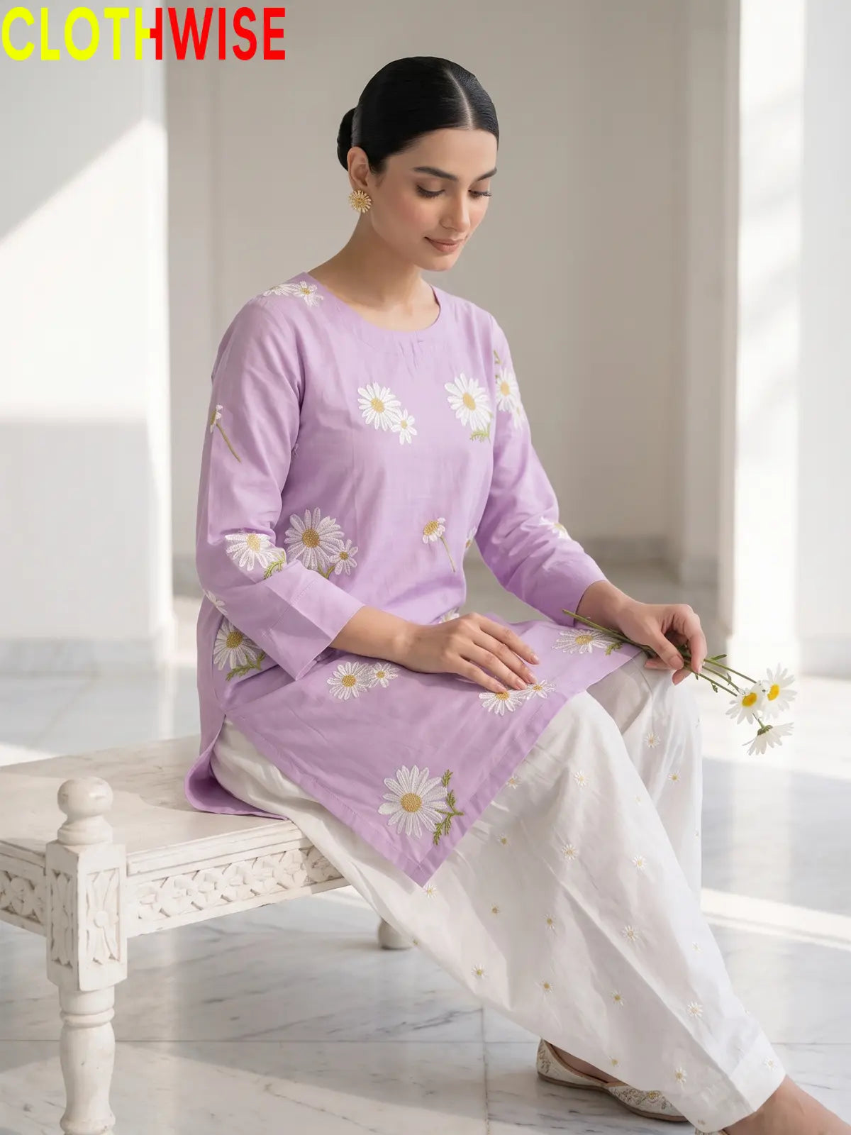 Daisy Soft Lilac embroidered cotton suit - sitting view - CLOTHWISE