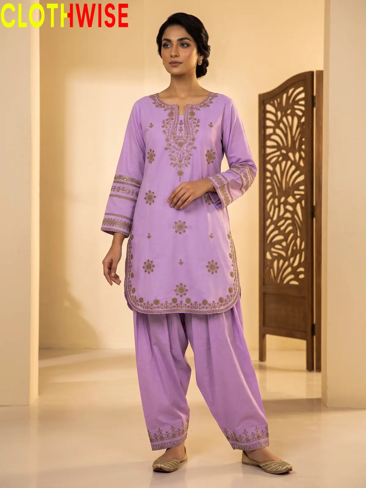 Armaan embroidered 2-piece cotton lawn suit in Soft Lilac, front standing view