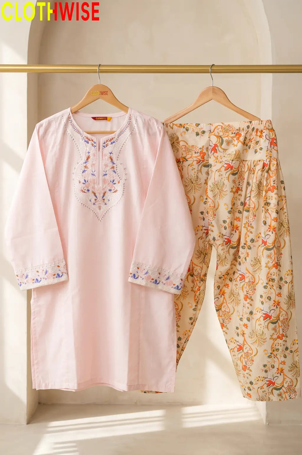 Ishq Soft Pink Embroidered Cotton Suit – Hanger View