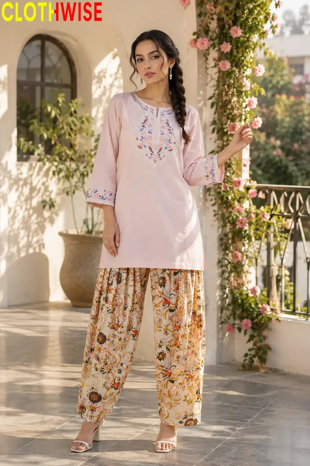 Ishq Soft Pink Embroidered Cotton Suit – Standing View