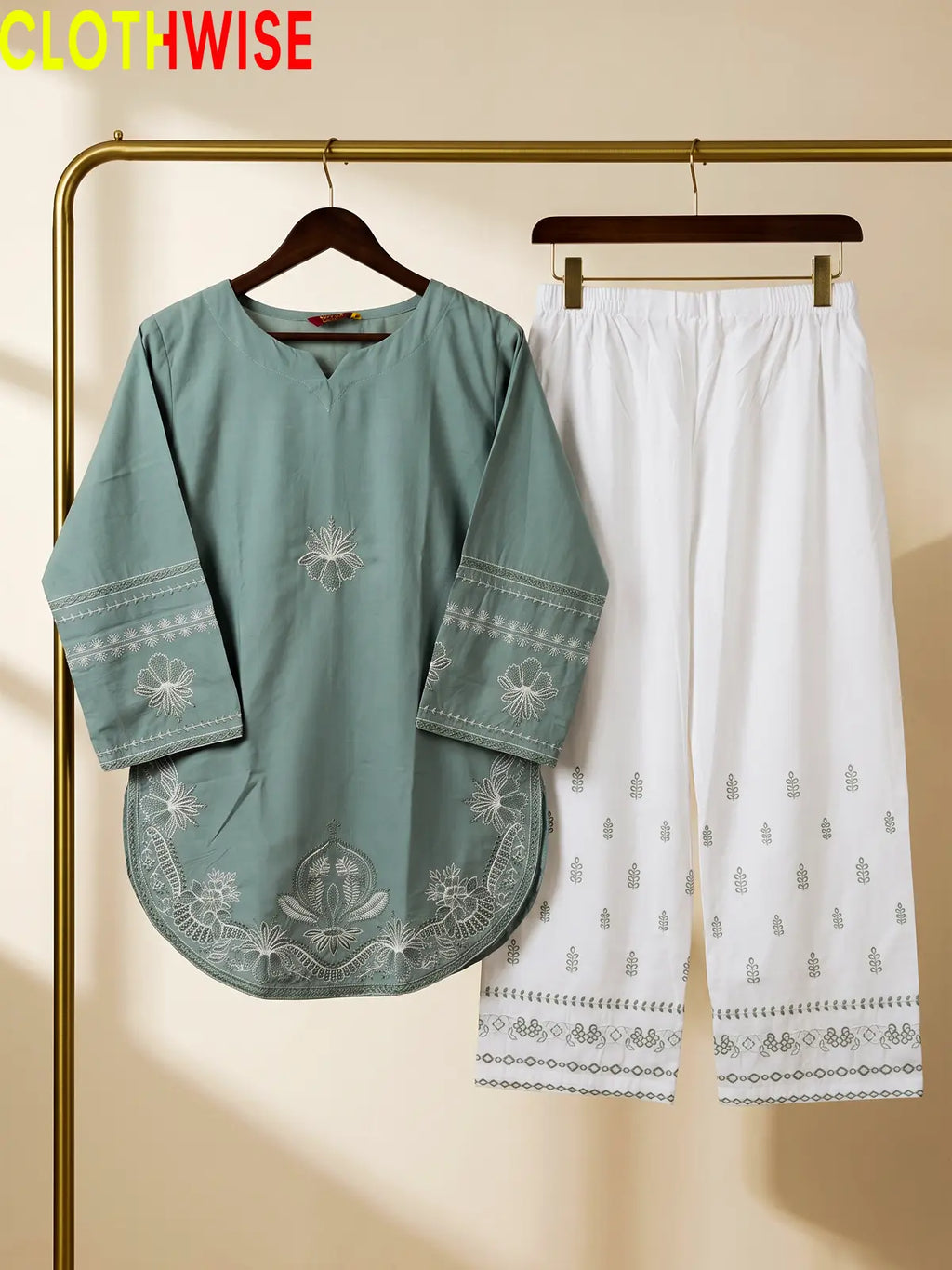 Petal sage green cotton co-ord set - hanger flat lay view