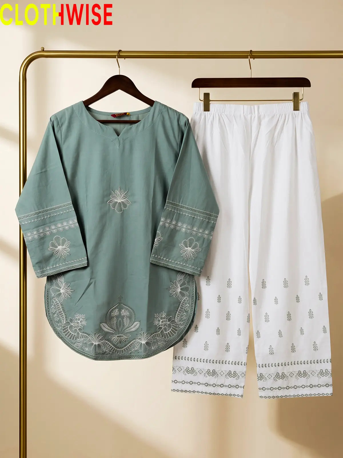 Petal sage green cotton co-ord set - hanger flat lay view