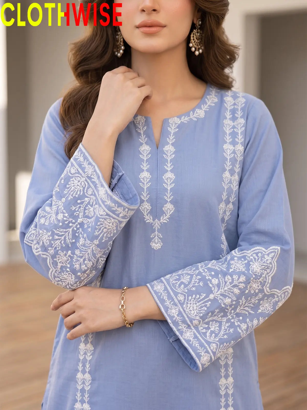 Aina Soft Sky 2-Piece Embroidered Stitched Cotton Suit with Flapper Pants