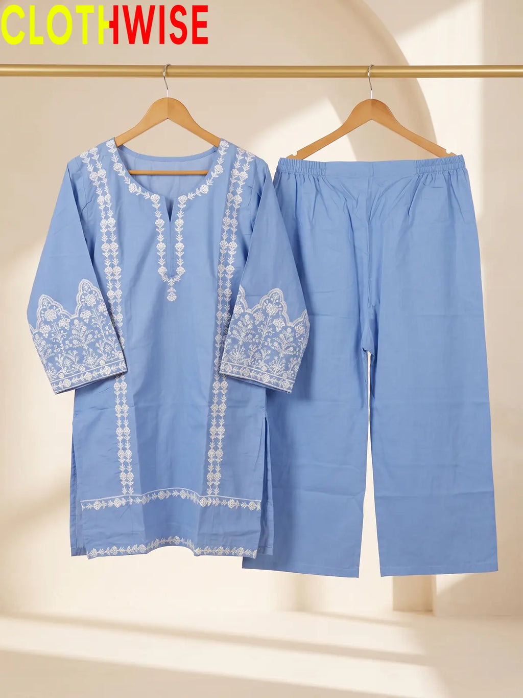 Aina Soft Sky 2-Piece Embroidered Stitched Cotton Suit with Flapper Pants