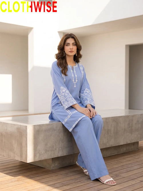 Aina Soft Sky 2-Piece Embroidered Stitched Cotton Suit with Flapper Pants