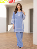 Aina Soft Sky 2-Piece Embroidered Stitched Cotton Suit with Flapper Pants