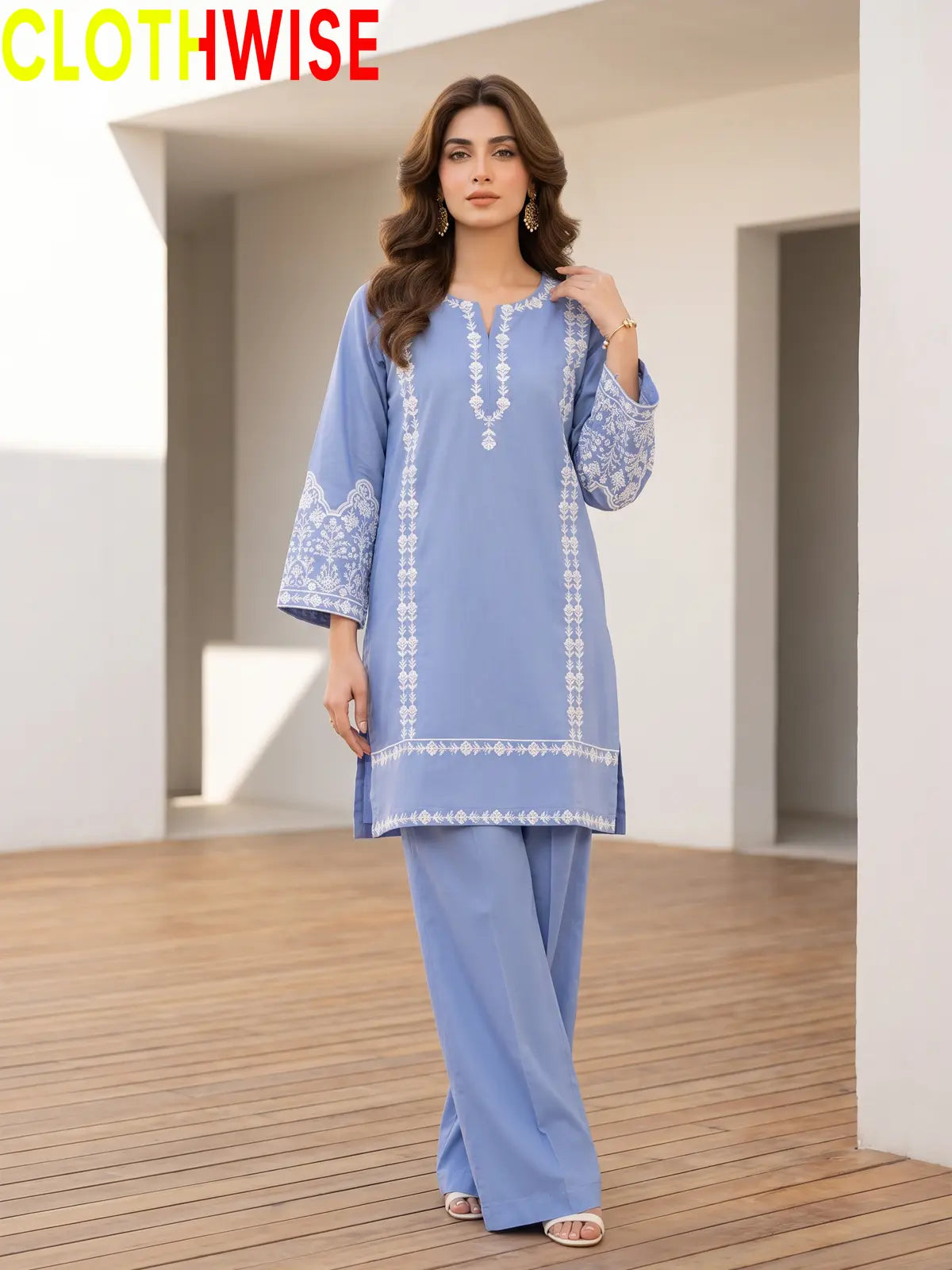 Aina Soft Sky 2-Piece Embroidered Stitched Cotton Suit with Flapper Pants