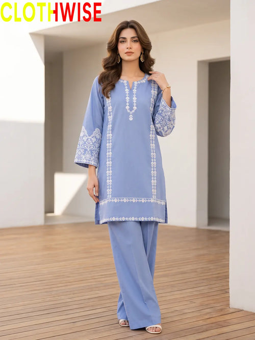 Aina Soft Sky 2-Piece Embroidered Stitched Cotton Suit with Flapper Pants