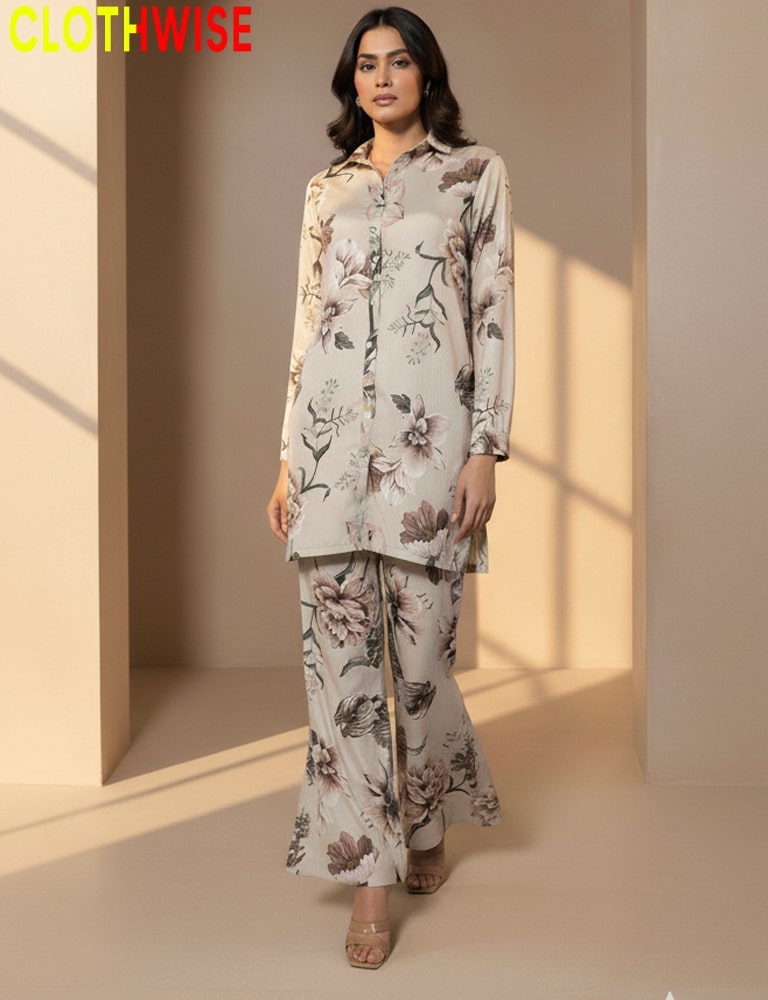 Woman wearing a floral outfit with 'CLOTHWISE' branding in the corner.