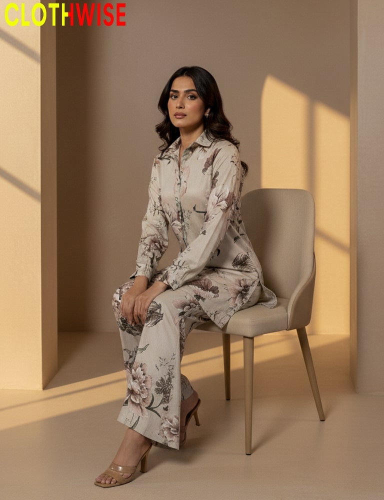 Woman in a floral outfit sitting on a chair with 'CLOTHWISE' branding.