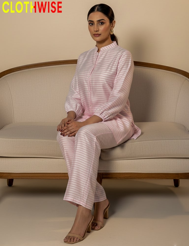 Woman sitting on a beige sofa wearing a pink striped outfit with 'CLOTHWISE' branding.