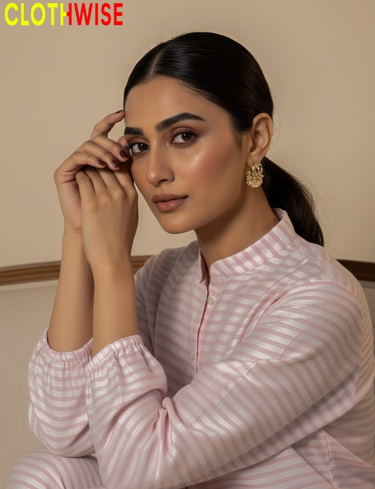 Woman wearing a pink and white striped outfit with 'CLOTHWISE' branding.