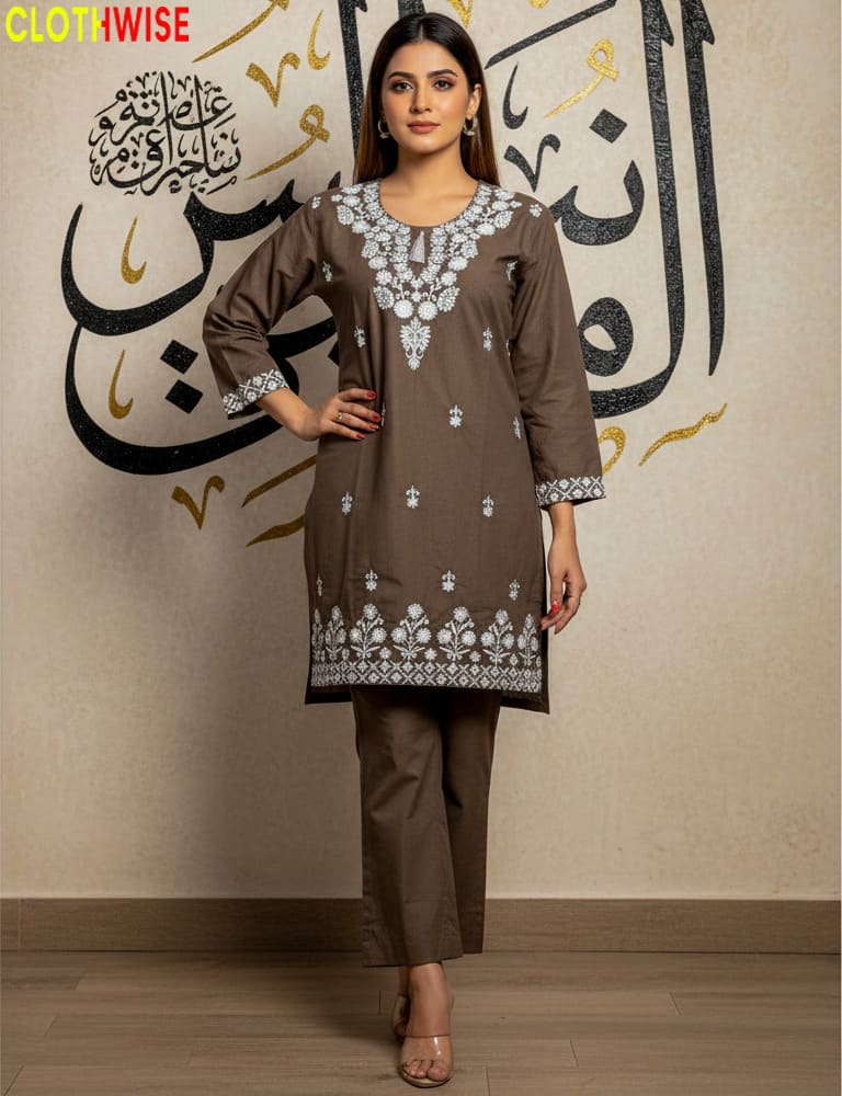 arthy Brown cotton embroidered co-ord set, a classic 2-piece outfit for any season.