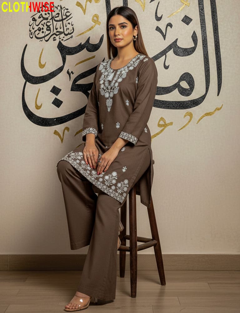 Clothwise Brown 2-piece set with sophisticated embroidery on premium cotton fabric.