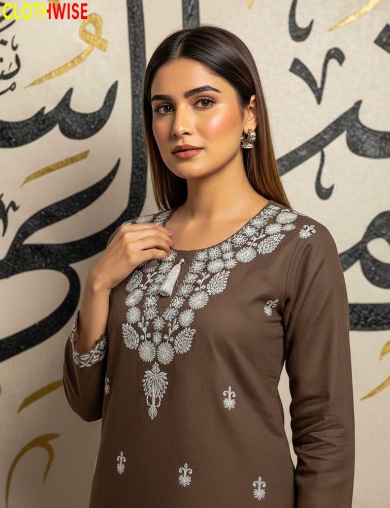 Deep Brown embroidered co-ord set in cotton, versatile and durable year-round wearable.