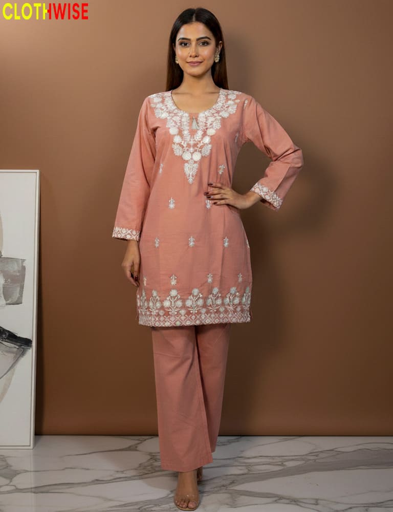 Bright Coral 2-piece cotton embroidered co-ord set, adding a pop of color to your wardrobe.