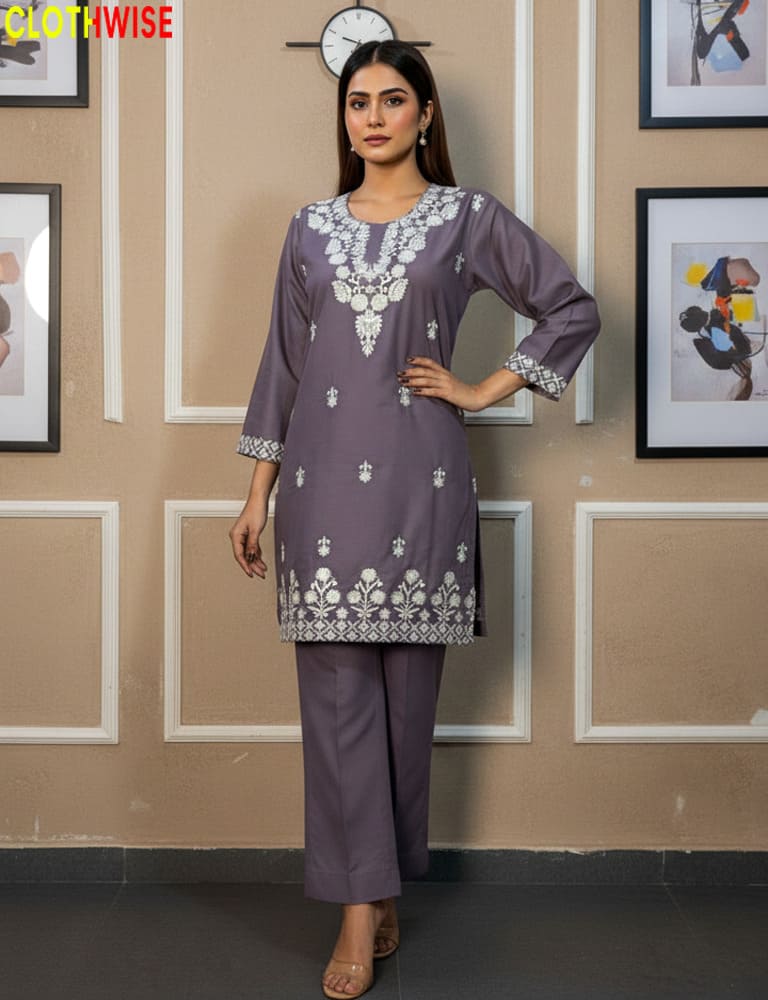 Detailed embroidery on a Berry cotton co-ord set, designed for comfort and year-round style.