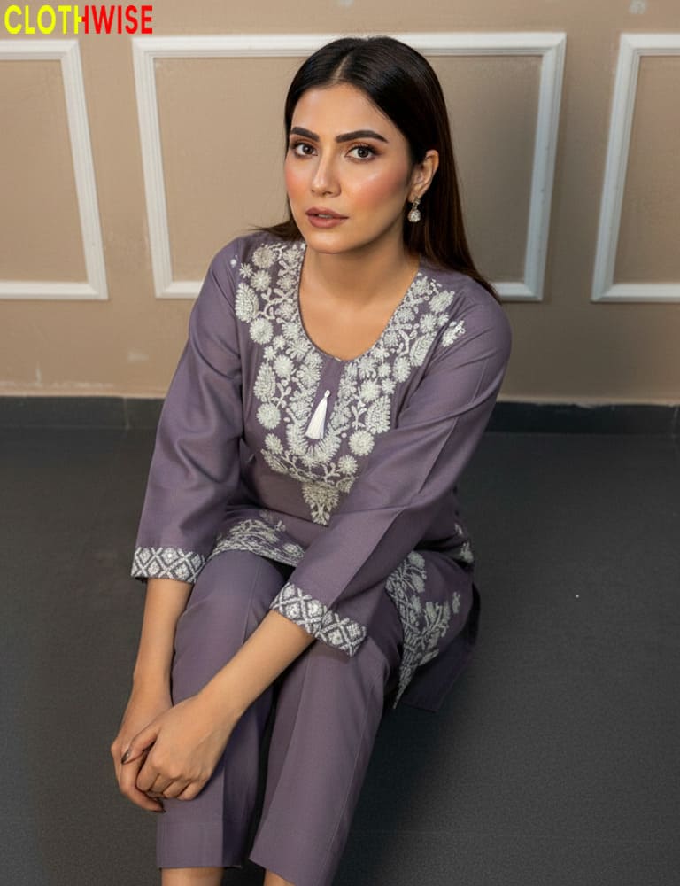 Vibrant Berry-colored cotton embroidered co-ord set, 2-piece stylish ensemble by Clothwise