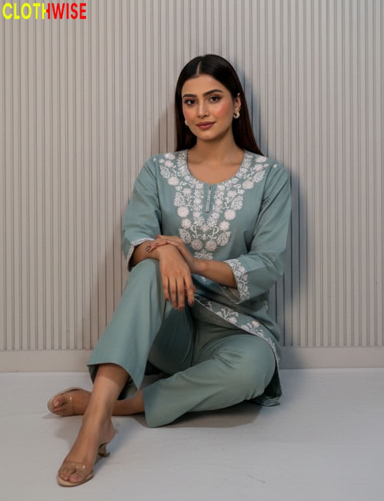 Minimalist Ice Green embroidered co-ord set in breathable cotton, perfect for year-round wear.