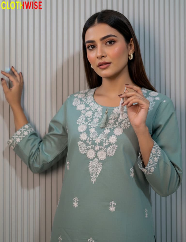 Soft Ice Green 2-piece cotton co-ord set with delicate embroidery for a fresh, all-season look.