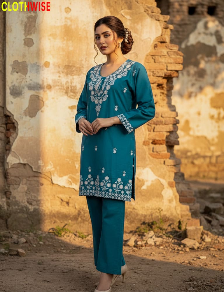Close-up of Teal cotton embroidered co-ord set by Clothwise, featuring intricate thread work.