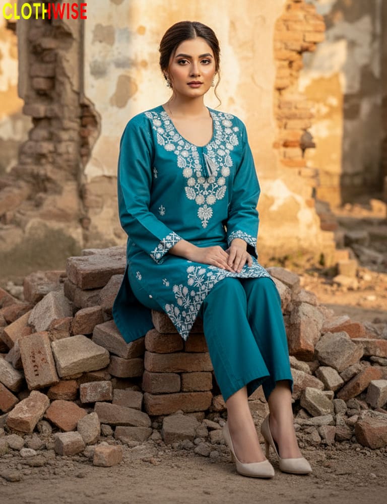 MAYA by Clothwise – Embroidered Cotton 2-Piece Teal Co-ord Set