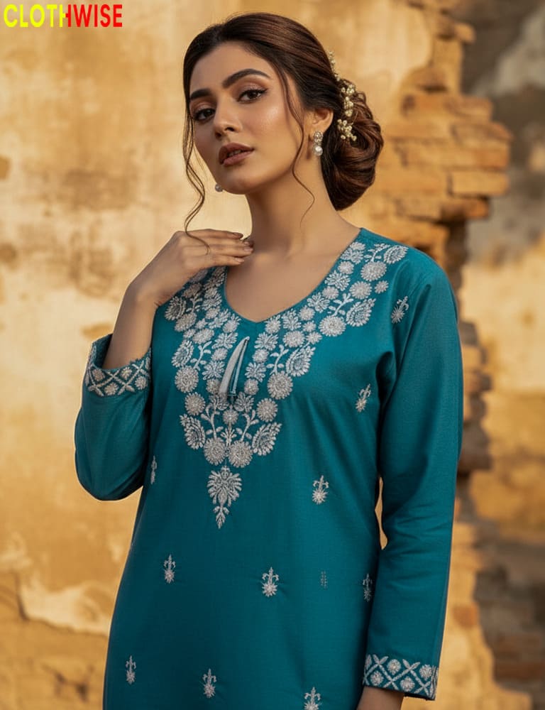 Stylish Teal cotton co-ord set with embroidery details, a versatile 2-piece outfit by Clothwise.