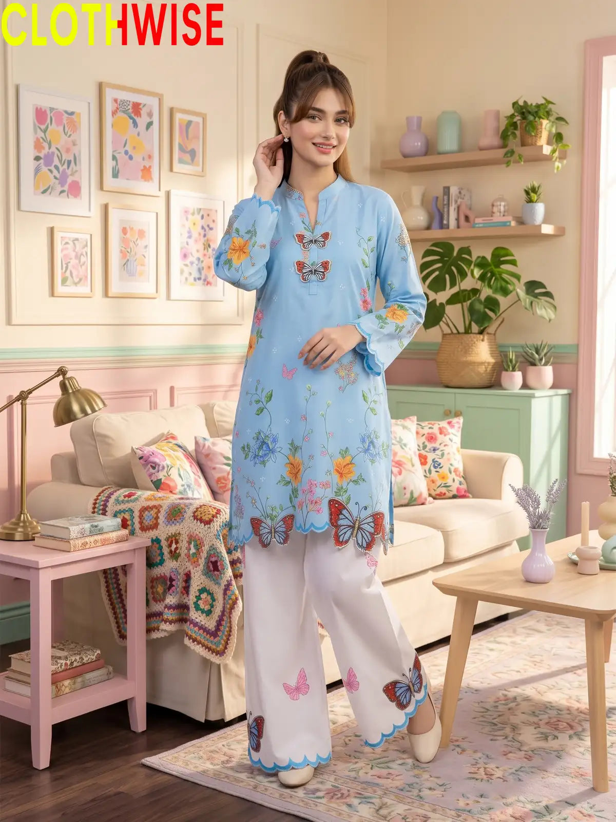 Titli - Sky Blue Floral Poly Lawn 2Pc Suit with Butterfly Patch