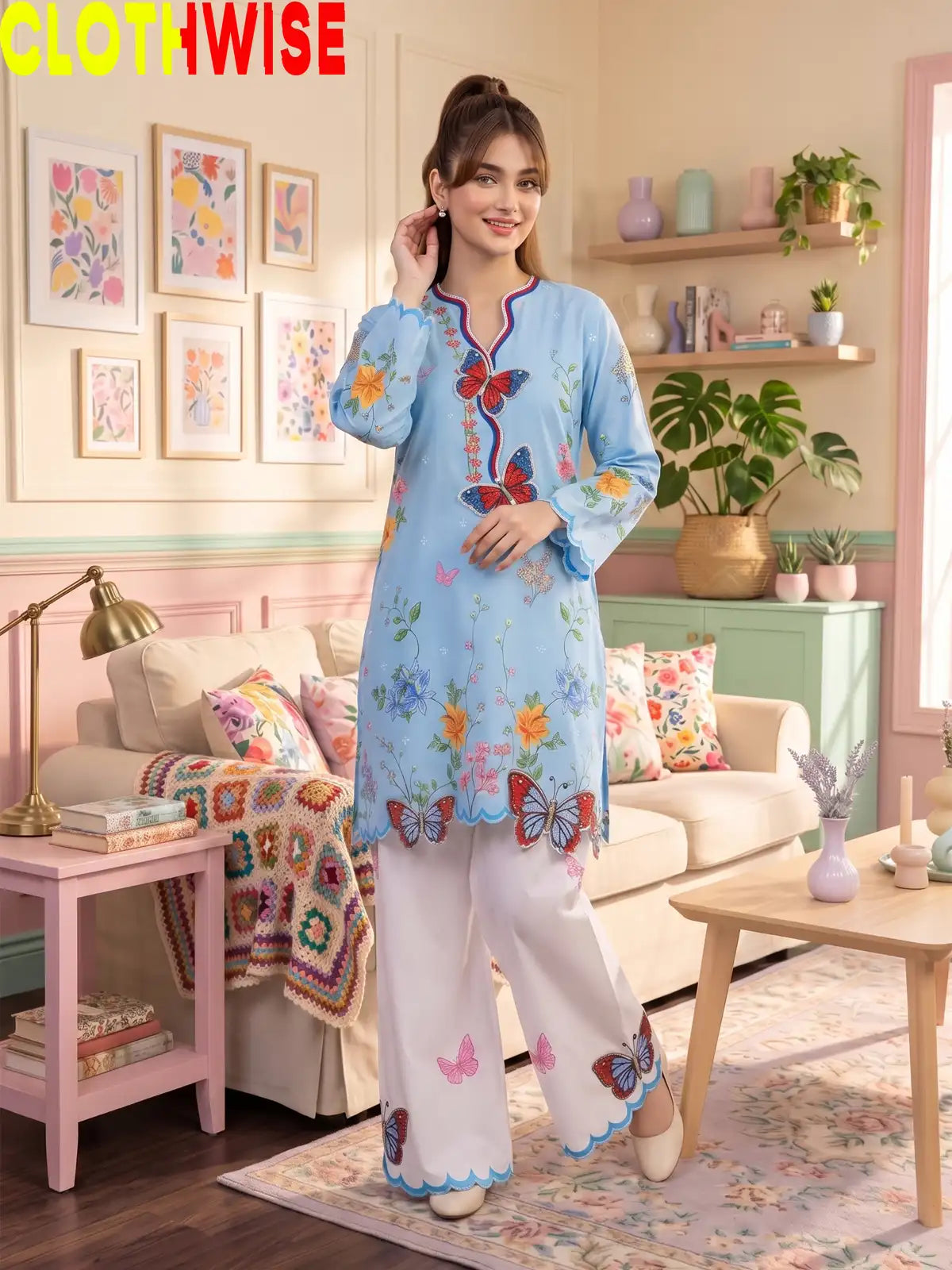 Titli - Floral Poly Lawn 2Pc Suit with Butterfly