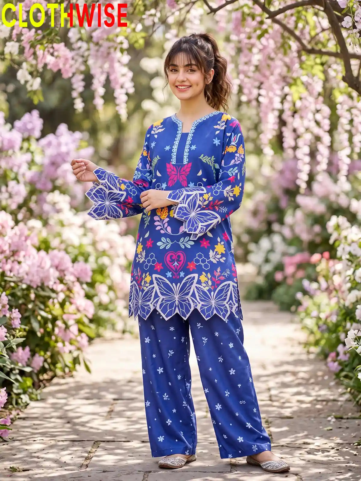 Titli – Blue Butterfly Printed 2-Piece Co-ord Set for Women