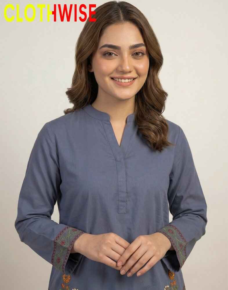 Woman wearing a blue kurta with intricate designs on a plain background, branded 'CLOTHWISE'.