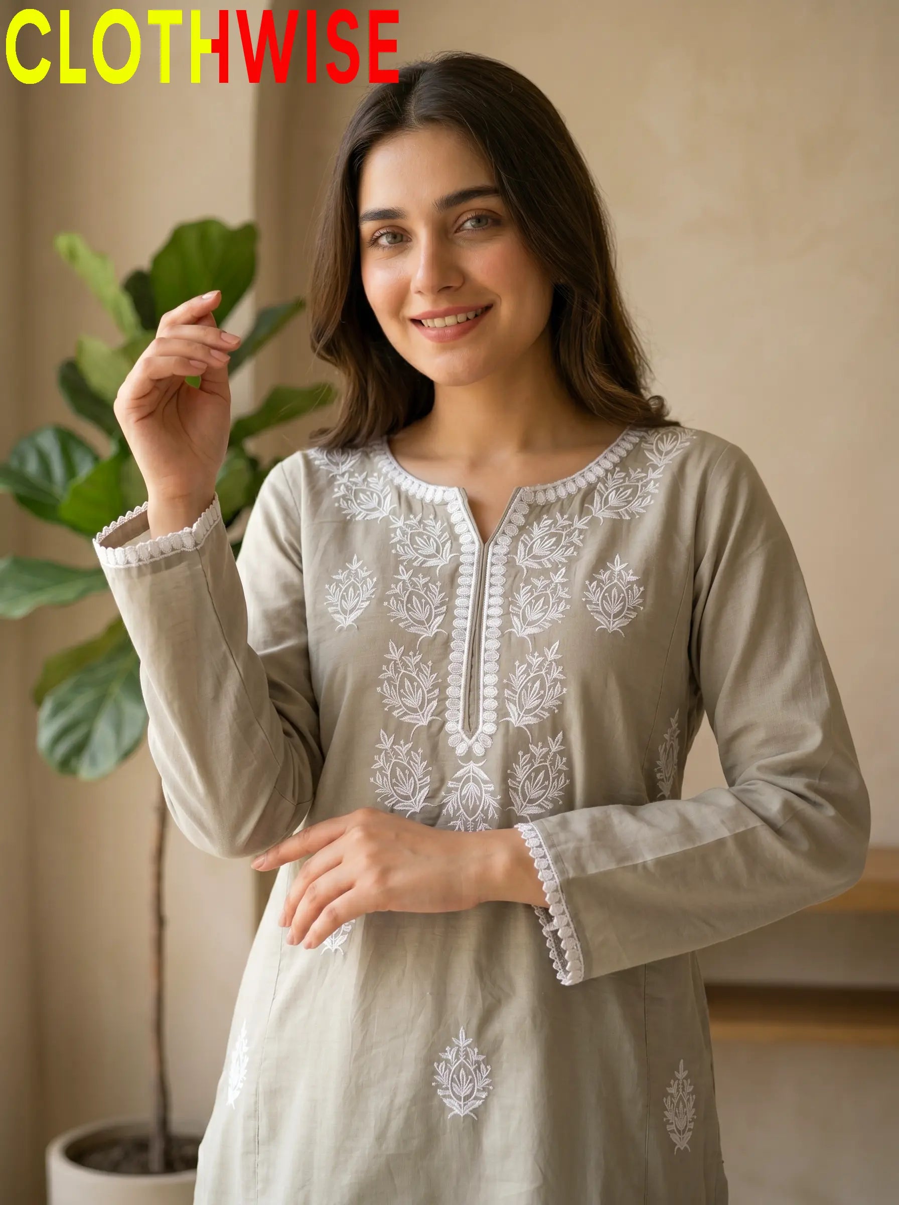 Loom Stone Beige Embroidered Cotton Suit - Close-up Embroidery Detail | Clothwise