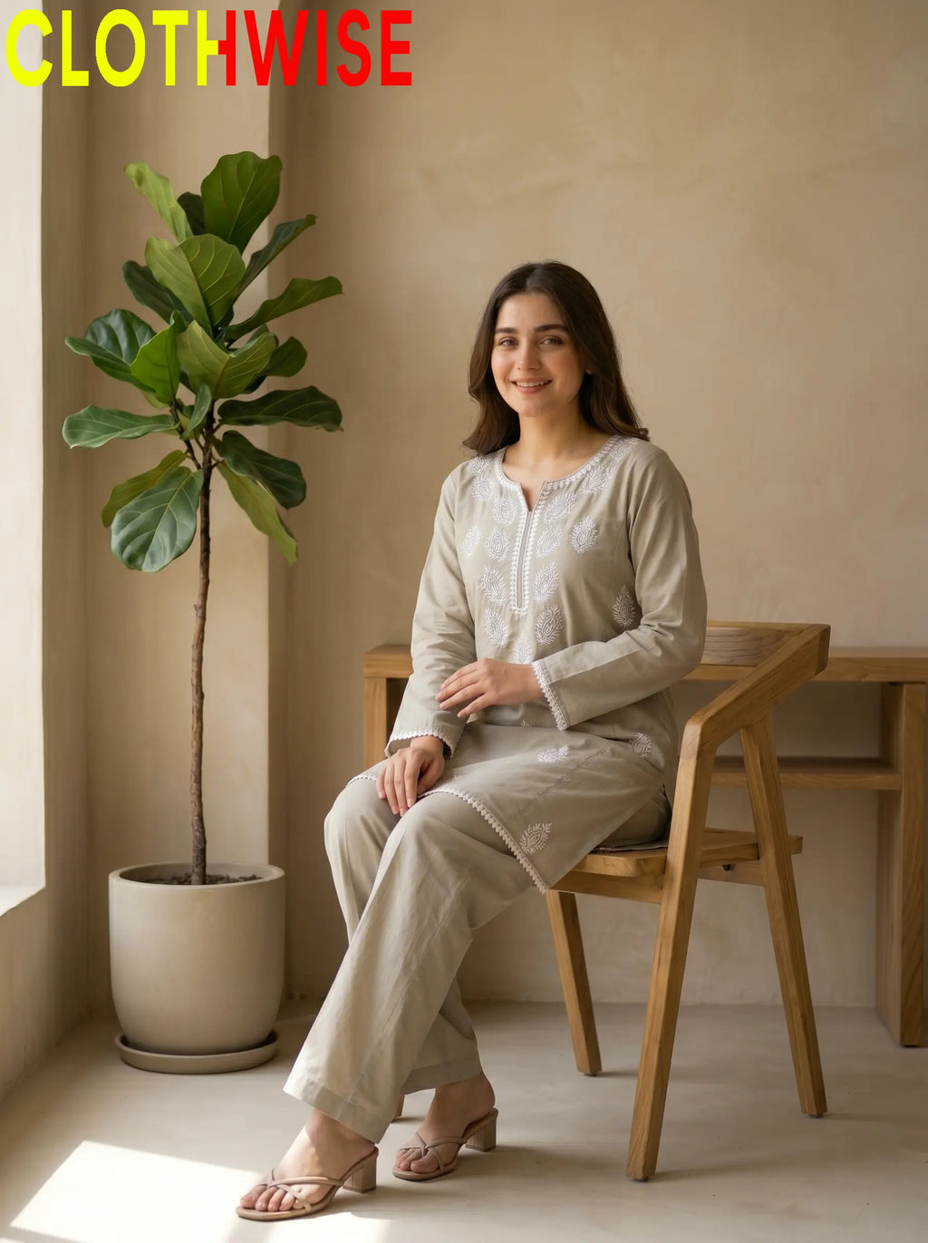 Loom Stone Beige 2-Piece Embroidered Cotton Suit - Sitting View | Clothwise