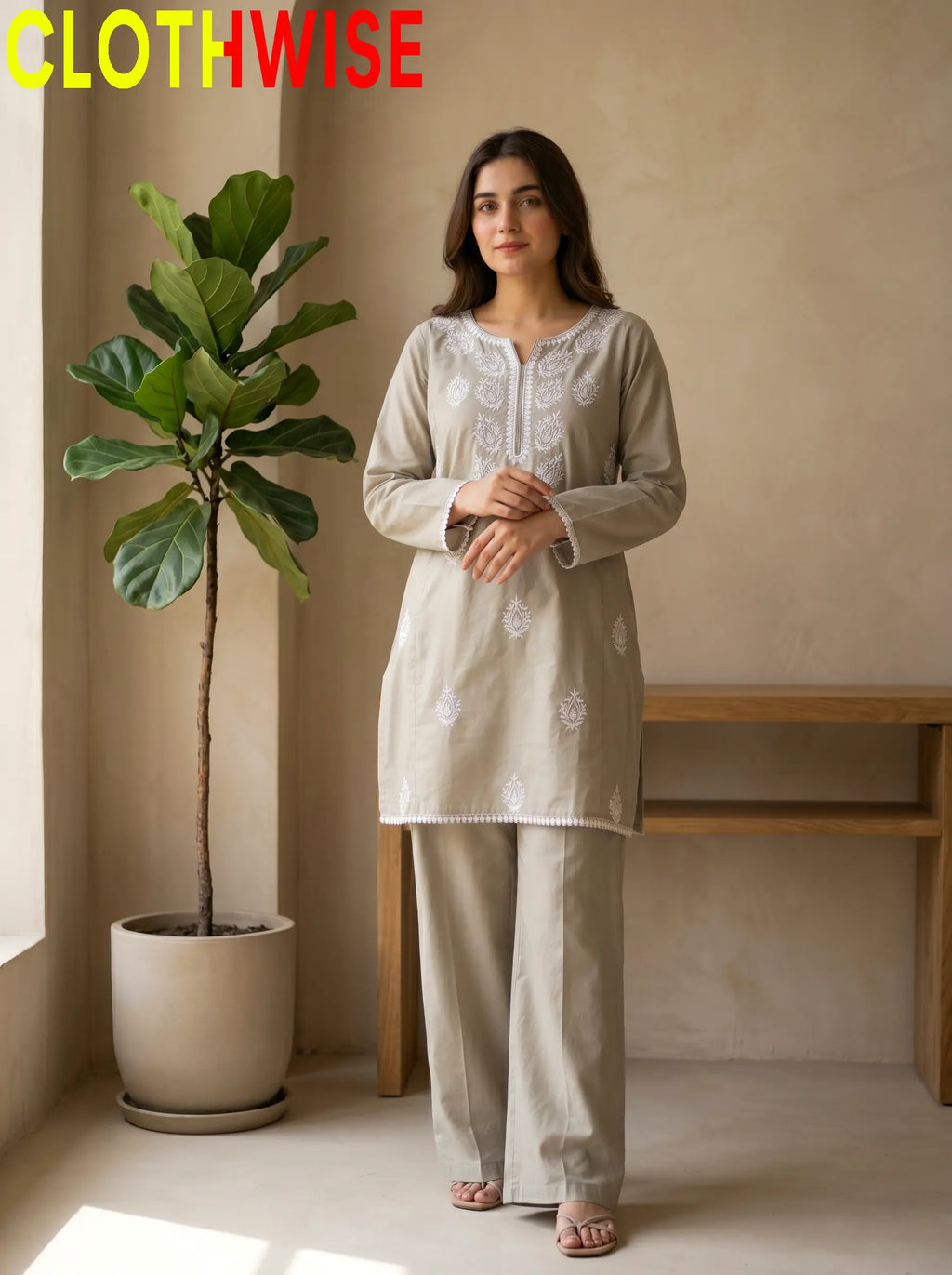 Loom Stone Beige 2-Piece Embroidered Cotton Suit - Front Standing View | Clothwise