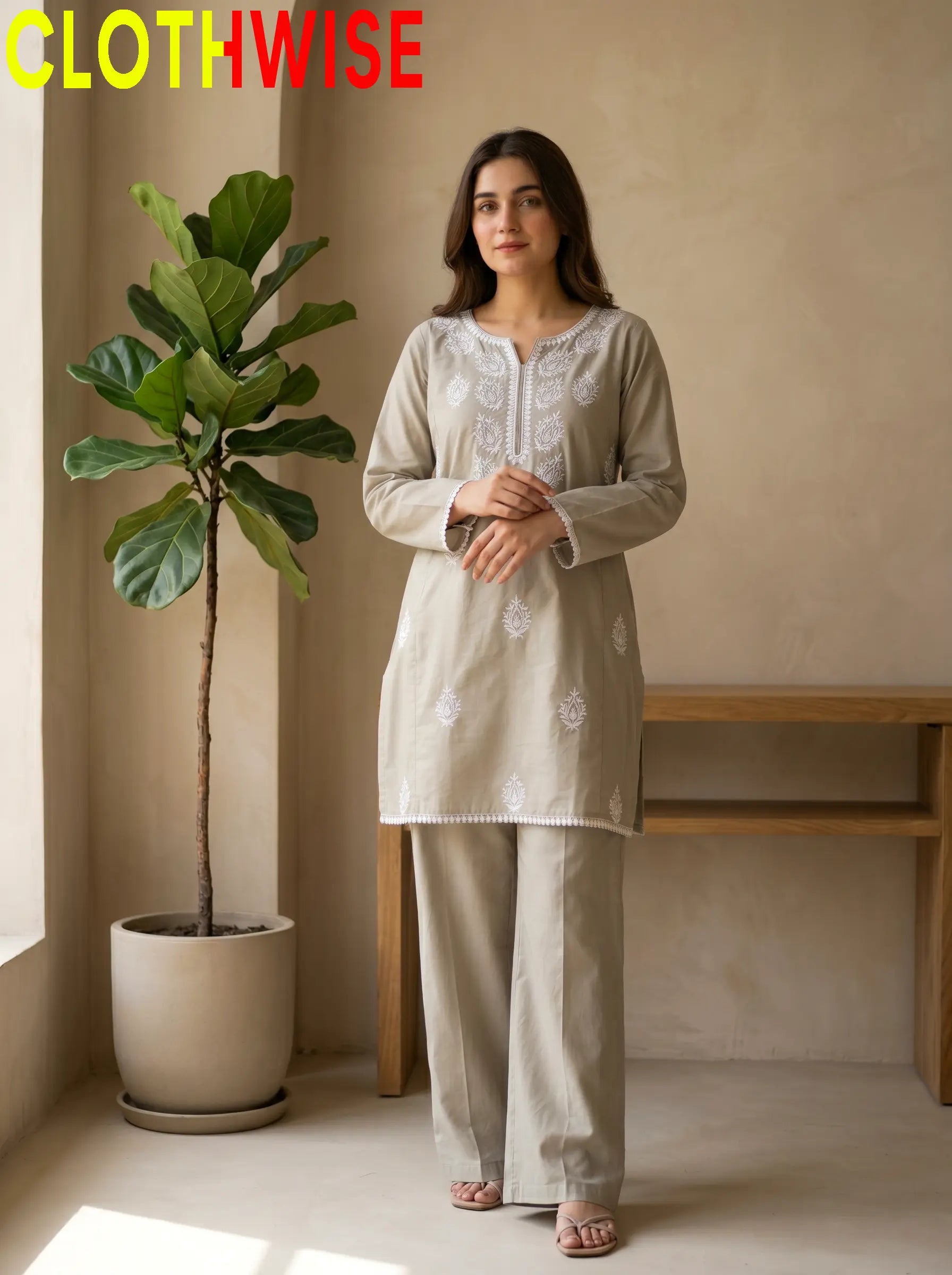Loom Stone Beige 2-Piece Embroidered Cotton Suit - Front Standing View | Clothwise
