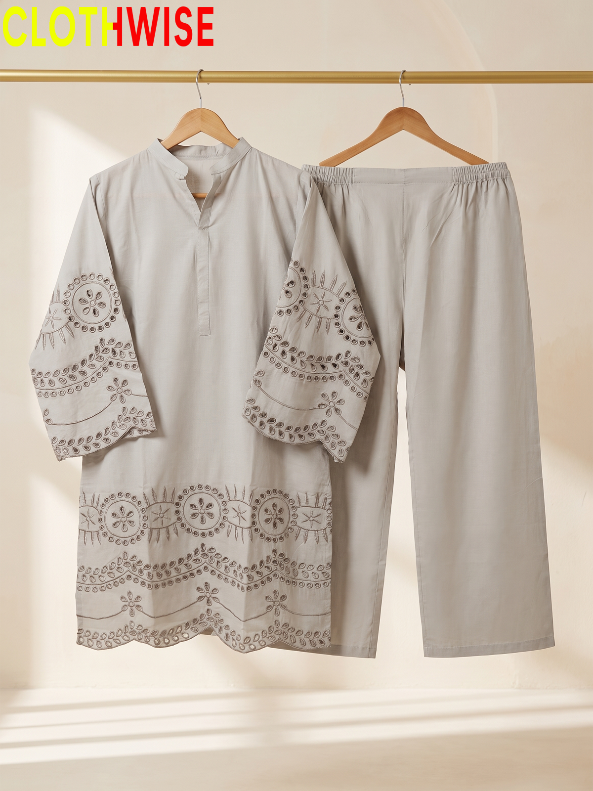 CottonCut Schiffli Embroidered Cotton 2-Piece Suit | Eyelet Kurta with Flapper