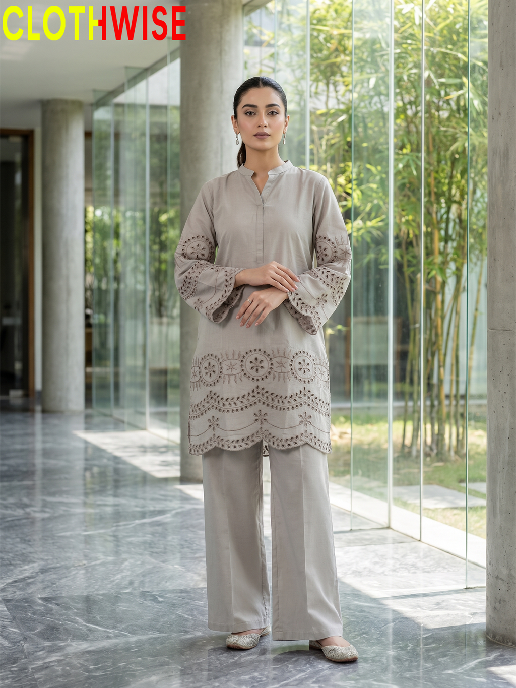 CottonCut Schiffli Embroidered Cotton 2-Piece Suit | Eyelet Kurta with Flapper